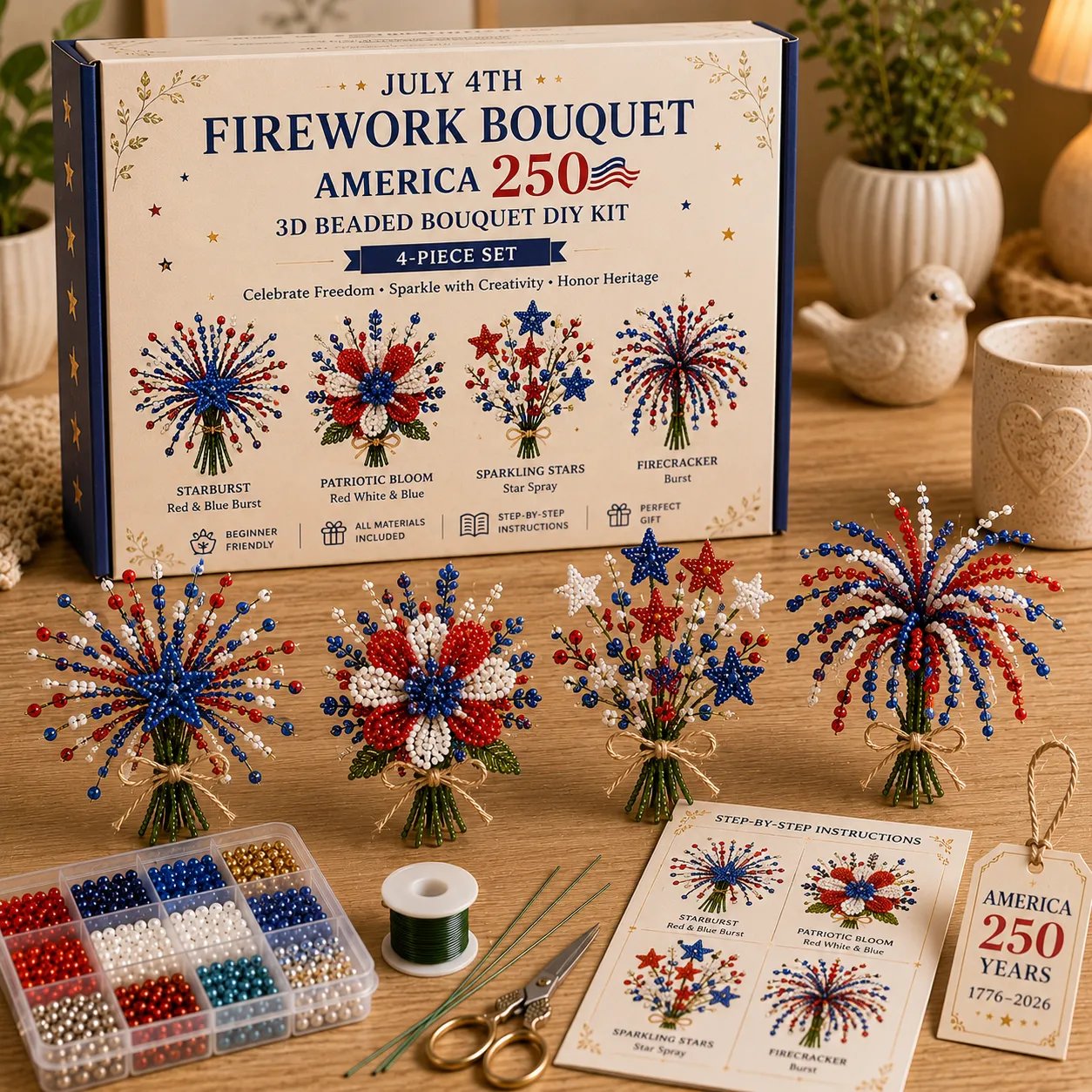 ✨ America 250 Beaded Bouquet DIY Kit – Patriotic Craft Collection