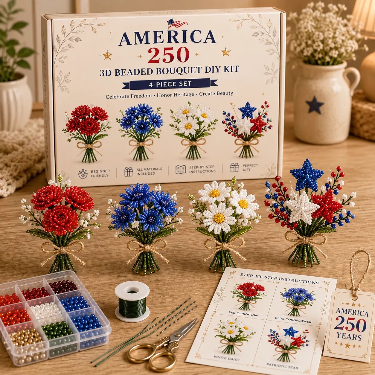 ✨ America 250 Beaded Bouquet DIY Kit – Patriotic Craft Collection