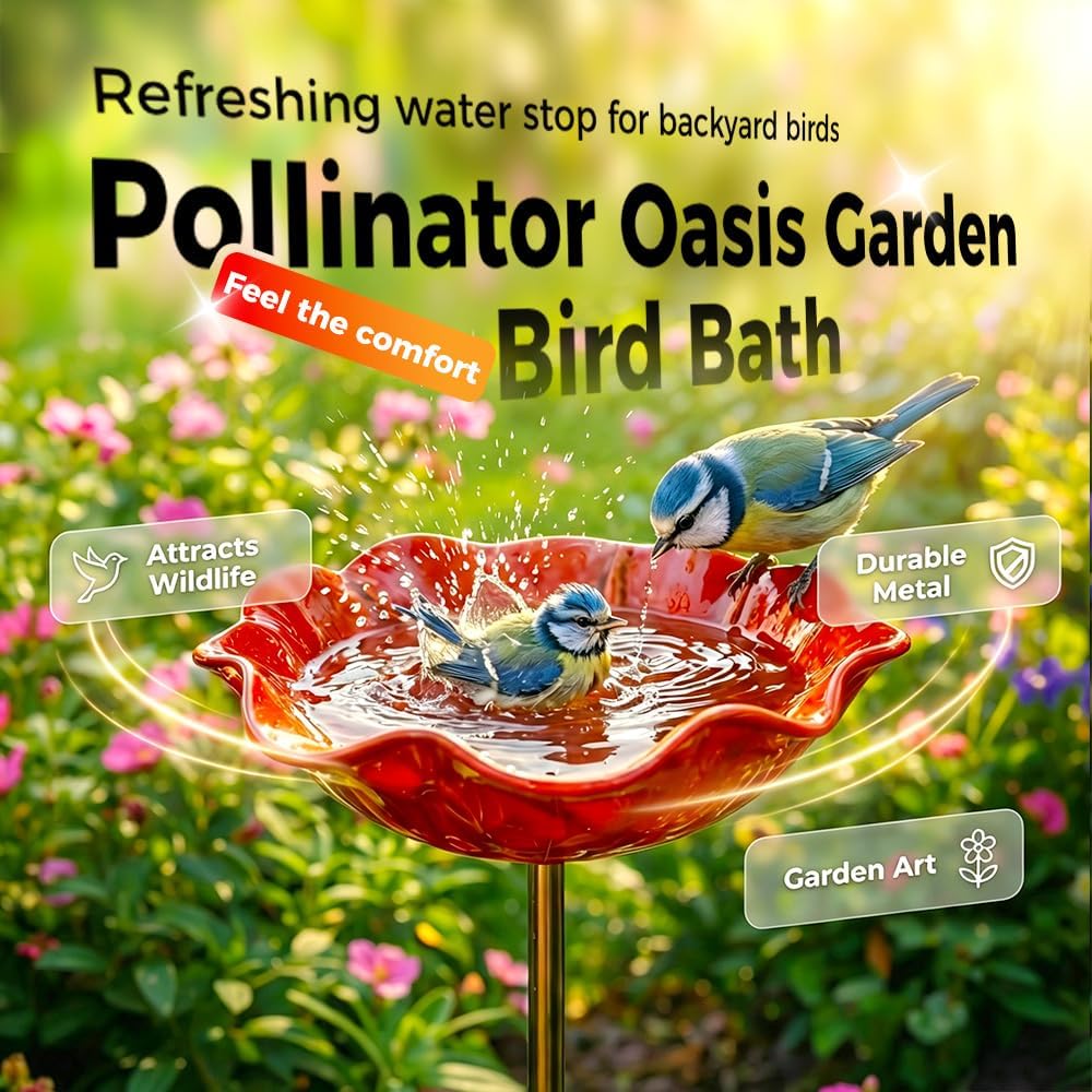 🎁Handmade Metal Flower Garden Stake Bird Bath🐦