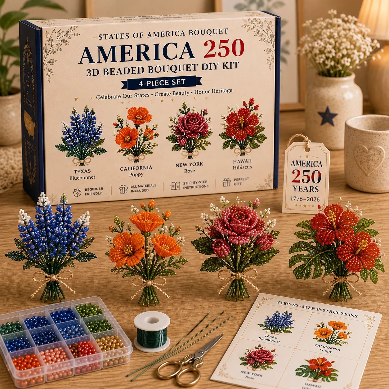 ✨ America 250 Beaded Bouquet DIY Kit – Patriotic Craft Collection